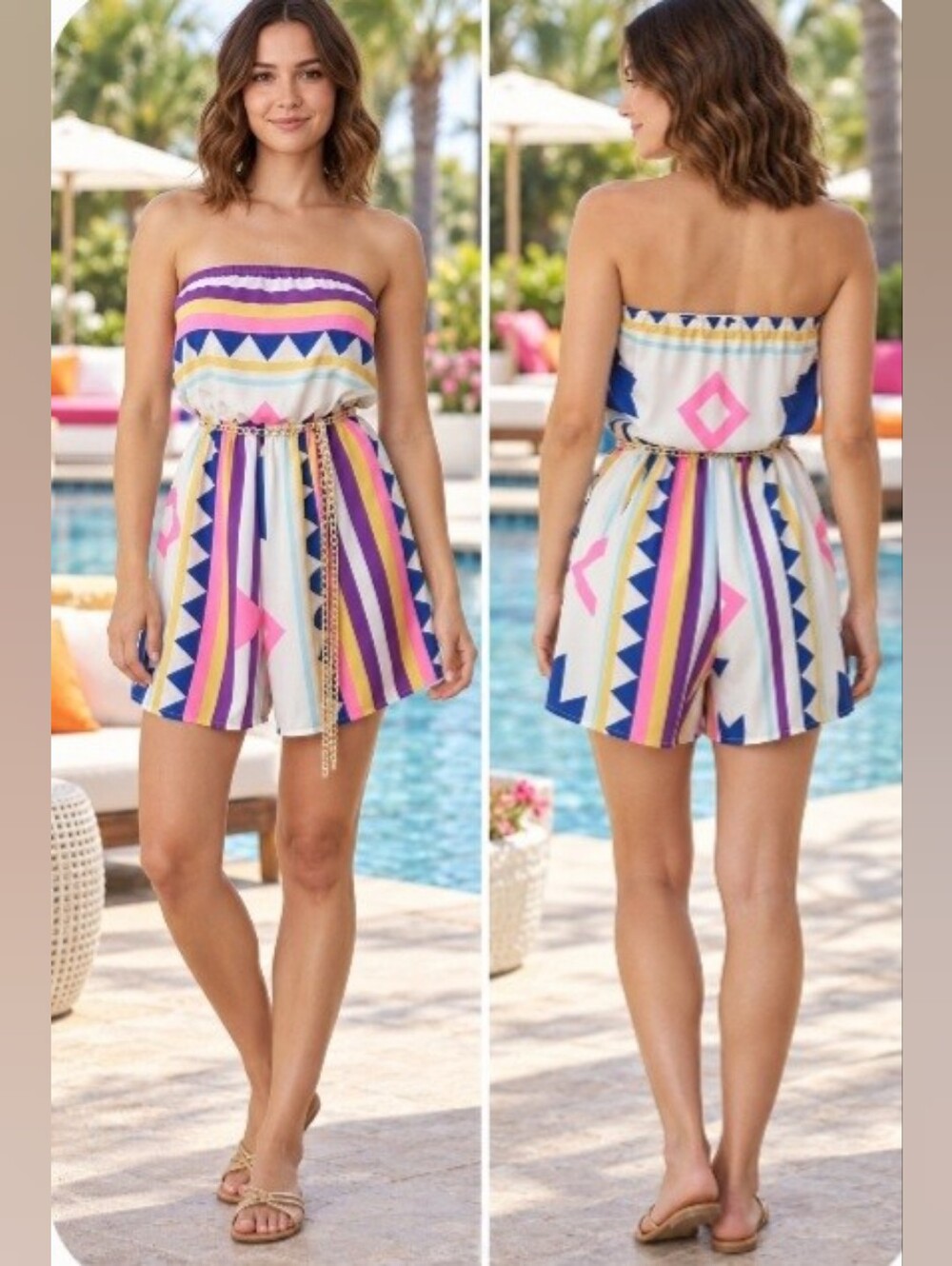 Miin Aluna Levi White Blue Pink Geometric Pattern Strapless Romper NWT Small